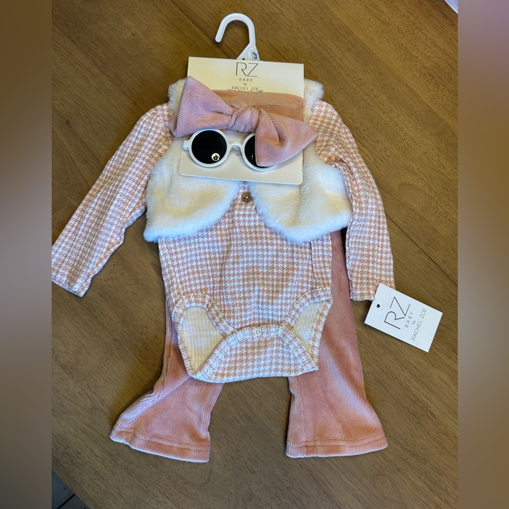 Rachel Zoe Pink and White Houndstooth Baby Set with Bow